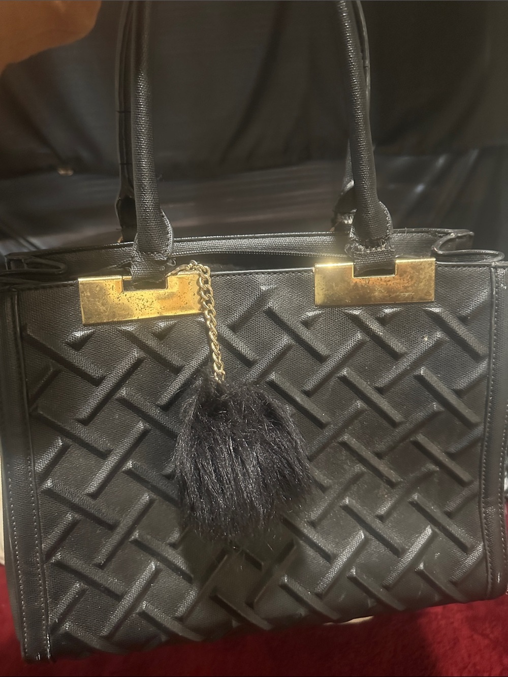Aldo Black Quilted Tote with Gold Hardware and Pom Charm